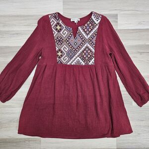 TASSEL N LACE Red Southwestern Tribal Embroidered Cotton Blouse Size Medium